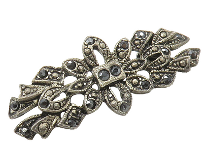 925 Sterling Silver  Vintage Shiny Hematite Floral Design Brooch Pin  BP5971