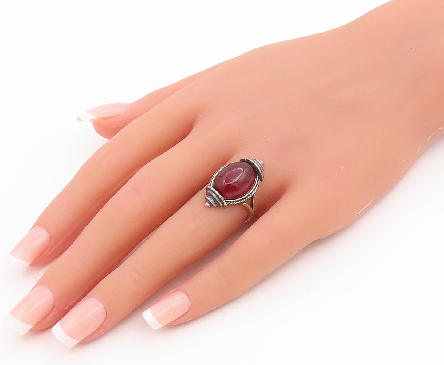 925 Sterling Silver Vintage Ring POLAND Cabochon Amber Band  Sz 6.5  RG35335