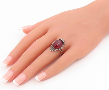 925 Sterling Silver Vintage Ring POLAND Cabochon Amber Band  Sz 6.5  RG35335