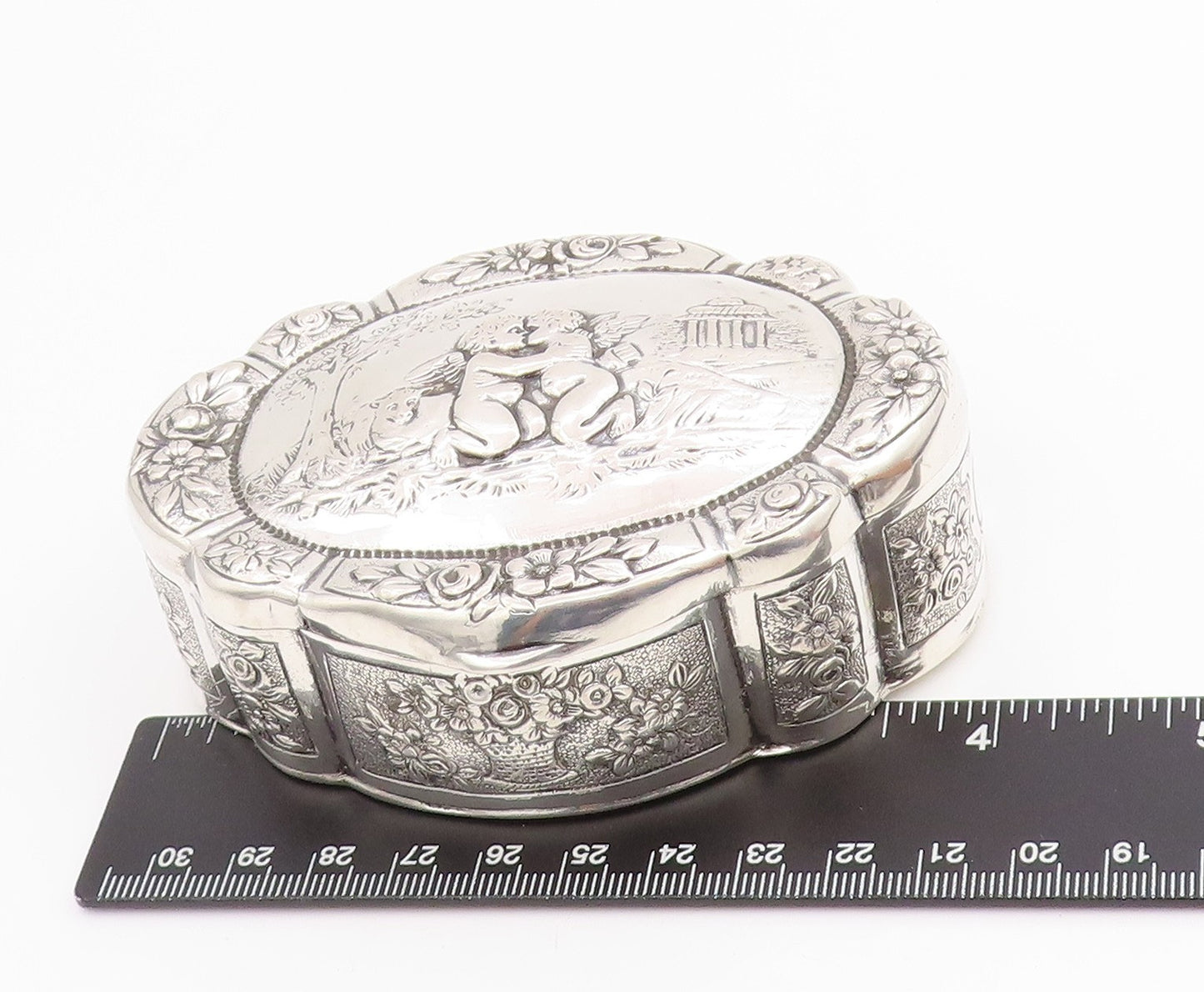 Solid Silver Vintage Trinket Box GERMANY Victorian Cherub (OPENS)  TR4059