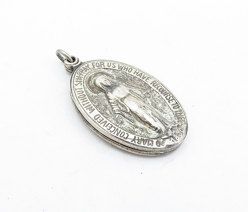 925 Sterling Silver  Vintage Antique Virgin Mary Prayer Pendant  PT4403