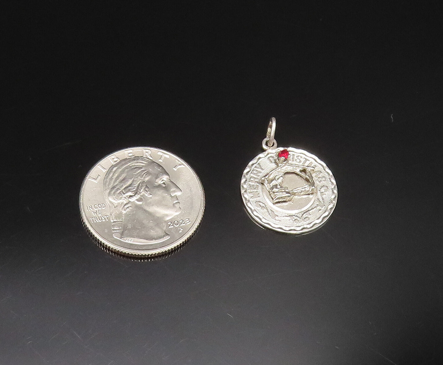 925 Silver  Vintage Engraved Merry Christmas Garnet Medal Pendant  PT21096