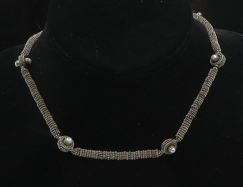 925 Sterling Silver  Vintage Petite Pearls Dark Tone Chain Necklace  NE3063