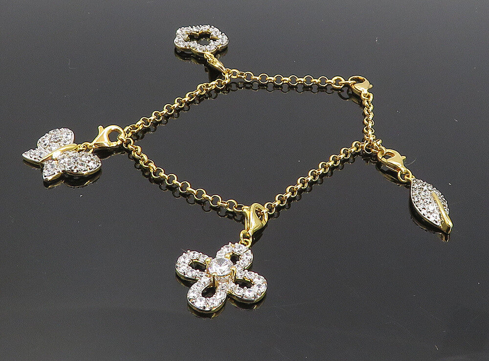 925 Sterling Silver  Cubic Zirconia Gold Plated Floral Charm Bracelet  BT3700