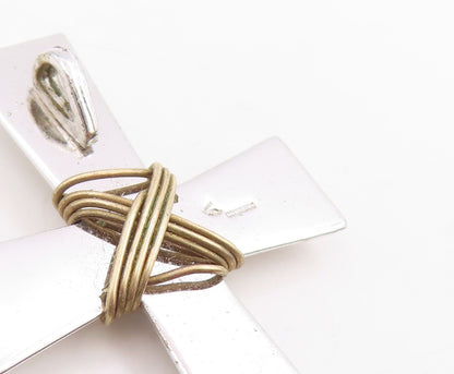 925 Sterling Silver Vintage Pendant Modernist Wire Wrap Religious Cross  PT25718