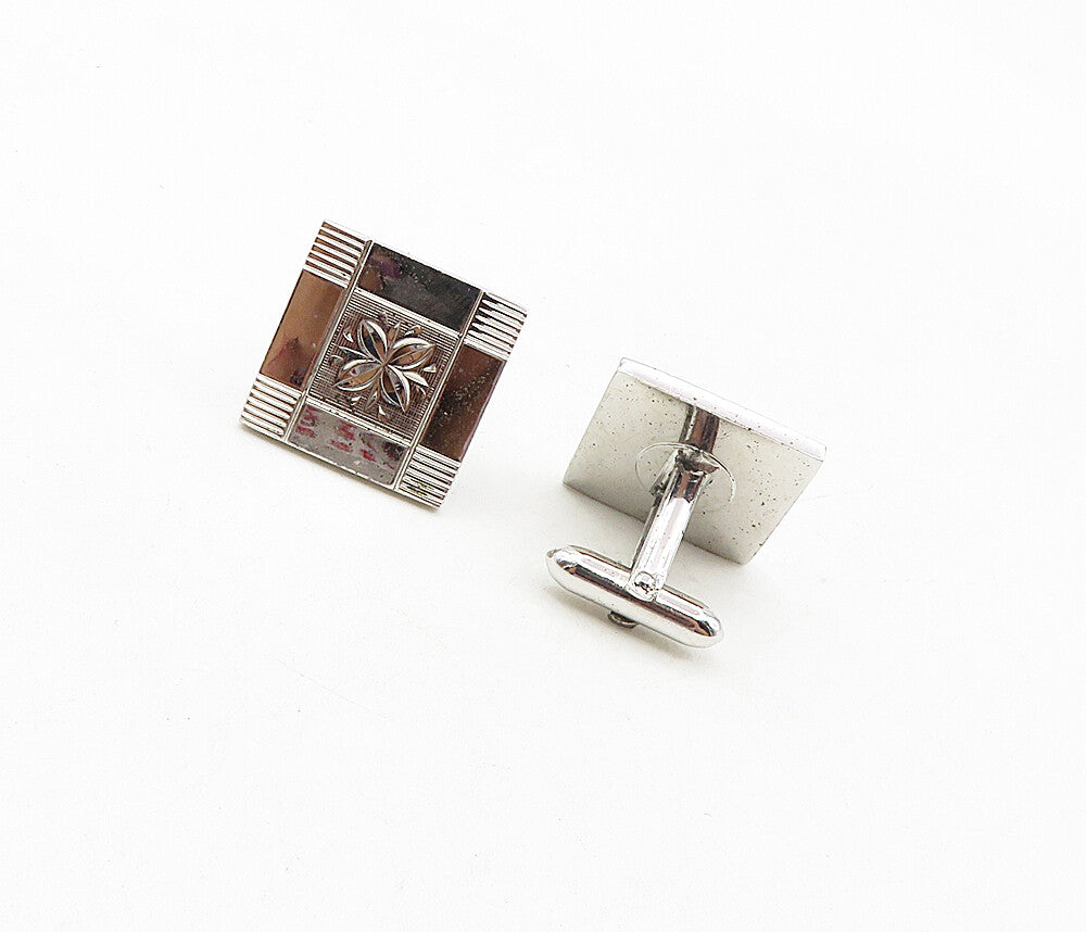 LAMODE 925 Sterling Silver  Vintage Shiny Floral Etched Cuff Links  TR1584