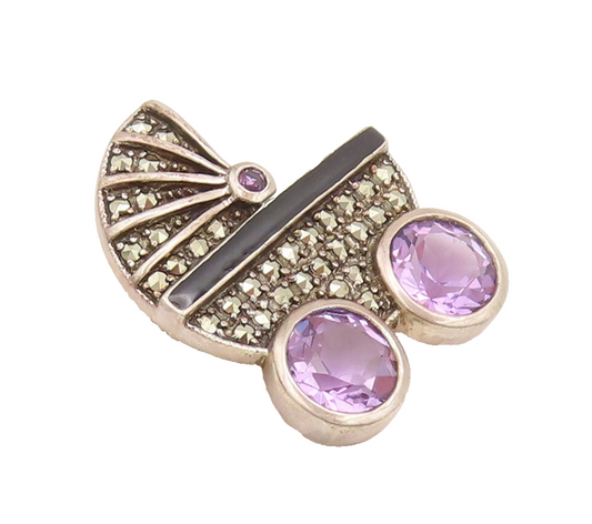 925 Sterling Silver Vintage Brooch Pin Amethyst Marcasite Baby Carrier  BP10572