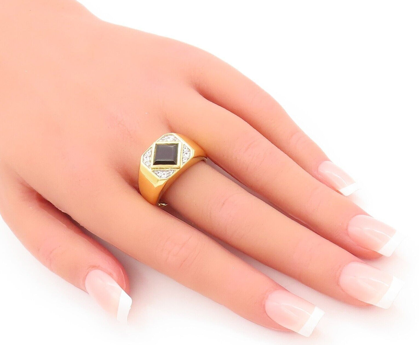 925 Sterling Silver Vintage Ring Gold Plated Square Onyx & CZ  Sz 10  RG28477