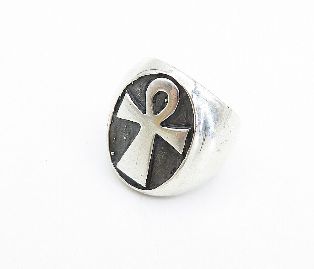 925 Sterling Silver  Vintage Oxidized Egyptian Ankh Band Ring Sz 9.5  RG7454