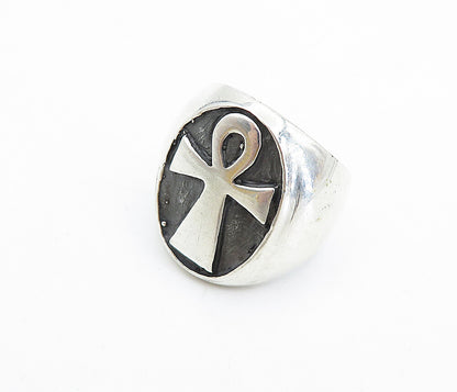 925 Sterling Silver  Vintage Oxidized Egyptian Ankh Band Ring Sz 9.5  RG7454