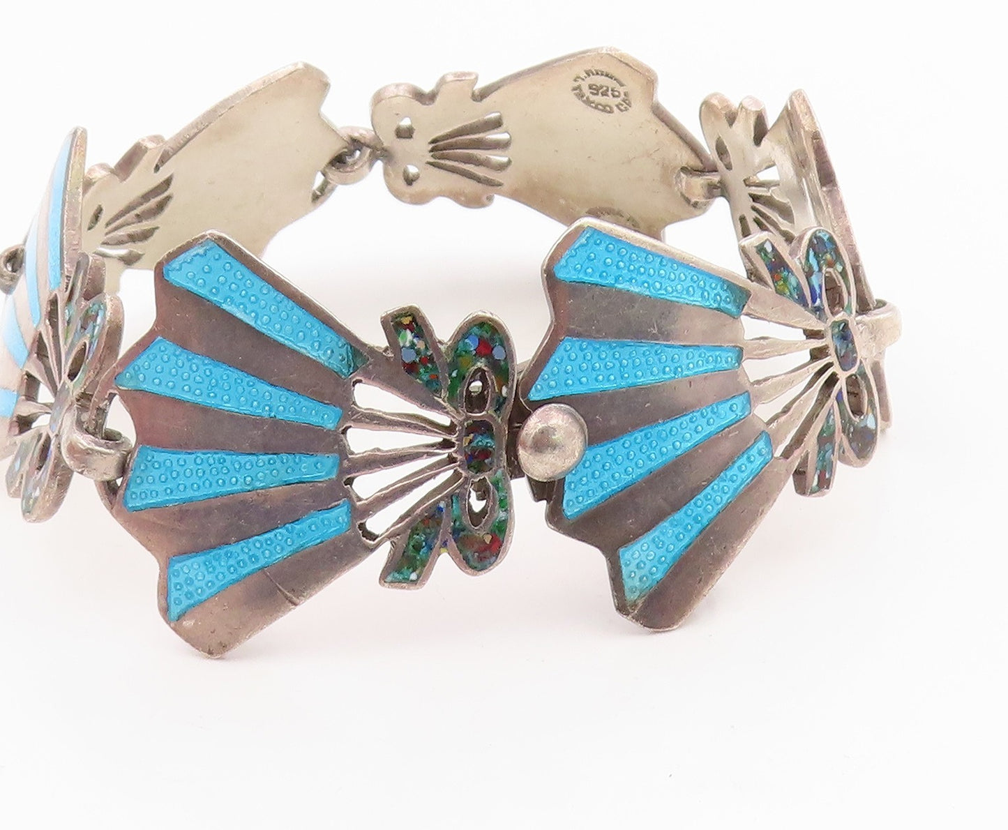 925 Sterling Silver Vintage Bracelet MIGUEL ARIAS MEXICO Enamel Fan  BT12043