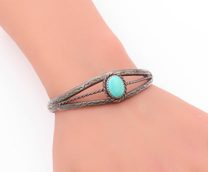 925 Sterling Silver Vintage Bracelet NAVAJO Turquoise Split Roped Cuff  BT11185