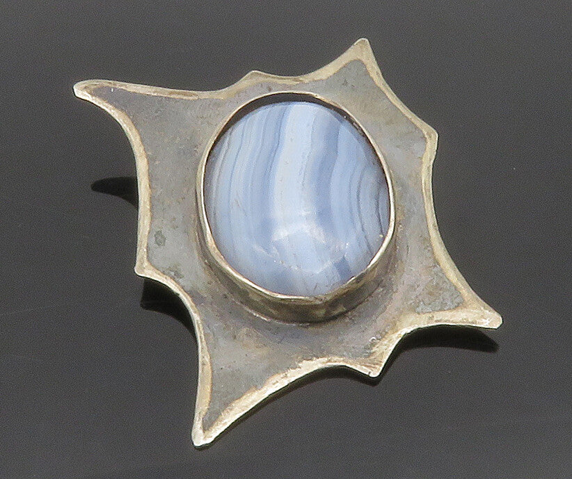ALICE 925 Sterling Silver  Vintage Cabochon Cut Blue Agate Brooch Pin  BP5181