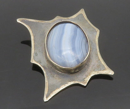 ALICE 925 Sterling Silver  Vintage Cabochon Cut Blue Agate Brooch Pin  BP5181