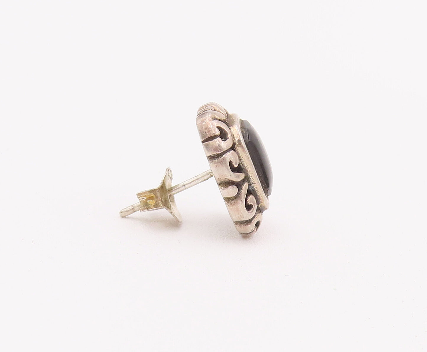 925 Sterling Silver Vintage Earrings Cabochon Square Onyx Swirly Carved  EG12900