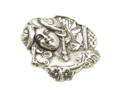 925 Sterling Silver  Vintage Modernist Woman's Face Floral Brooch Pin  BP3805