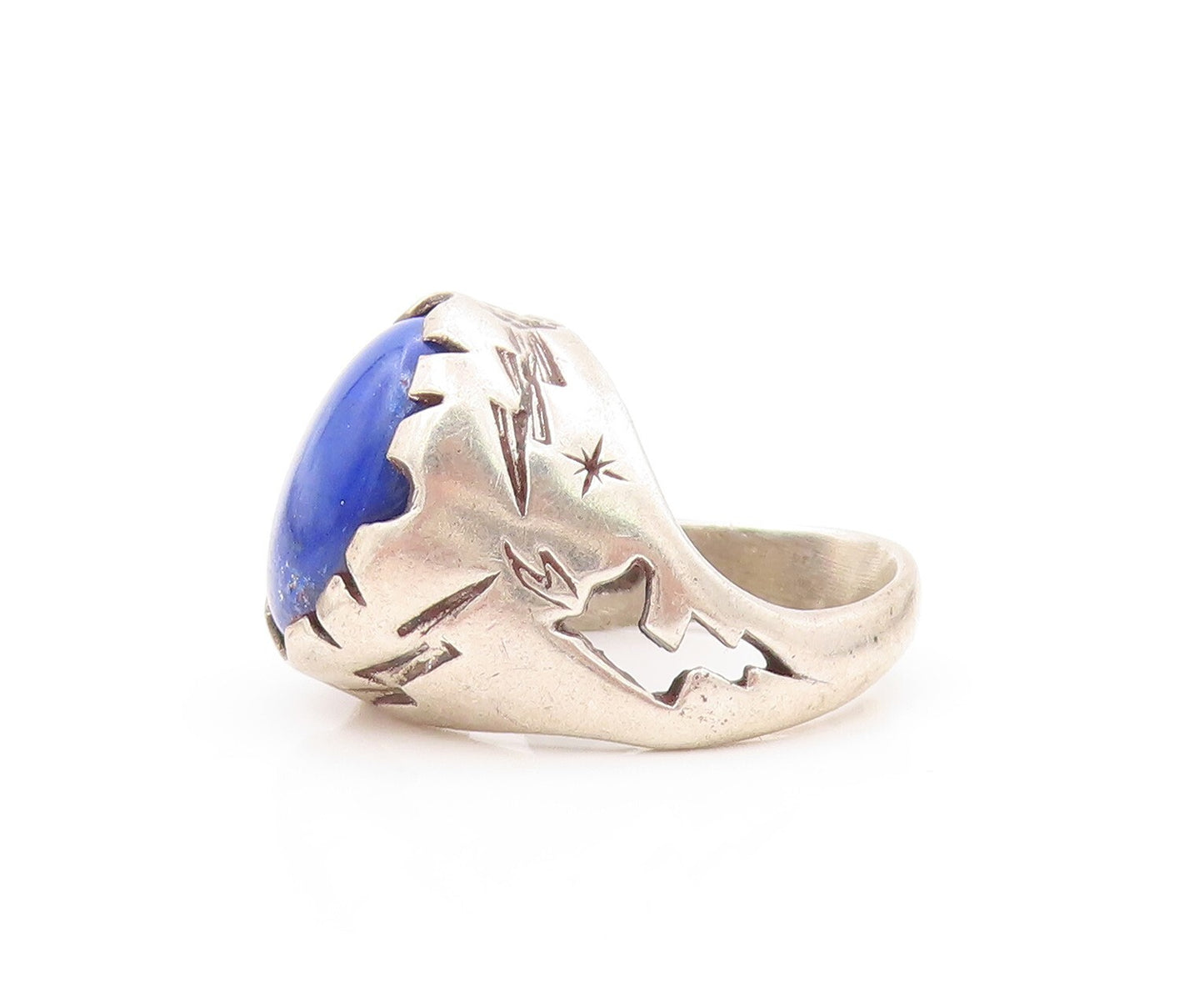 925 Sterling Silver Vintage Ring Solid Carved Band Lapis Lazuli  Sz 5  RG31811