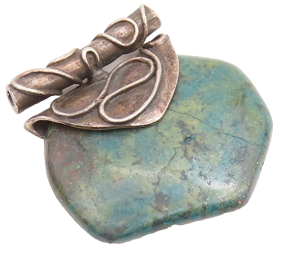 925 Sterling Silver Vintage Pendant Designer Swirly Carved Turquoise  PT22852