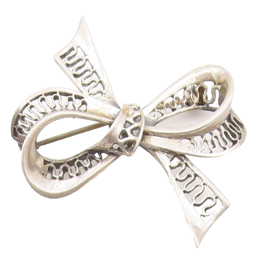 DANECRAFT 925 Silver  Vintage Openwork Waves Ribbon Bow Tie Brooch Pin BP9928