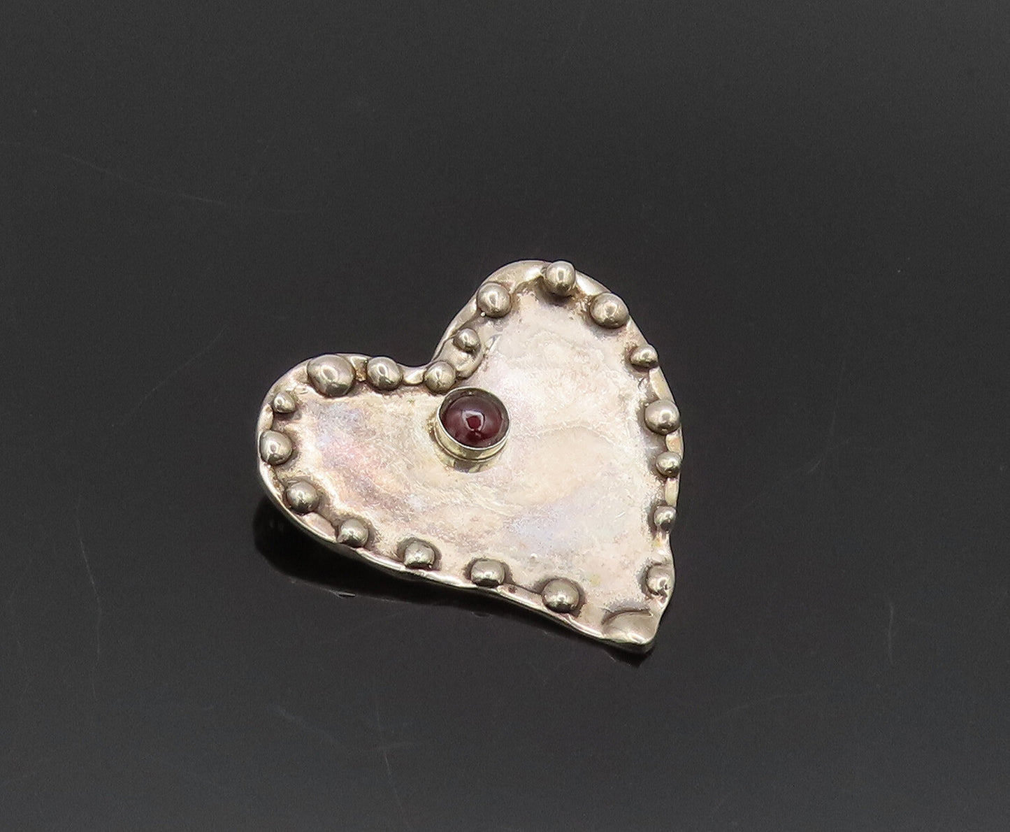 925 Sterling Silver Vintage Brooch Pin PASCAL Garnet Beaded Solid Heart  BP10564