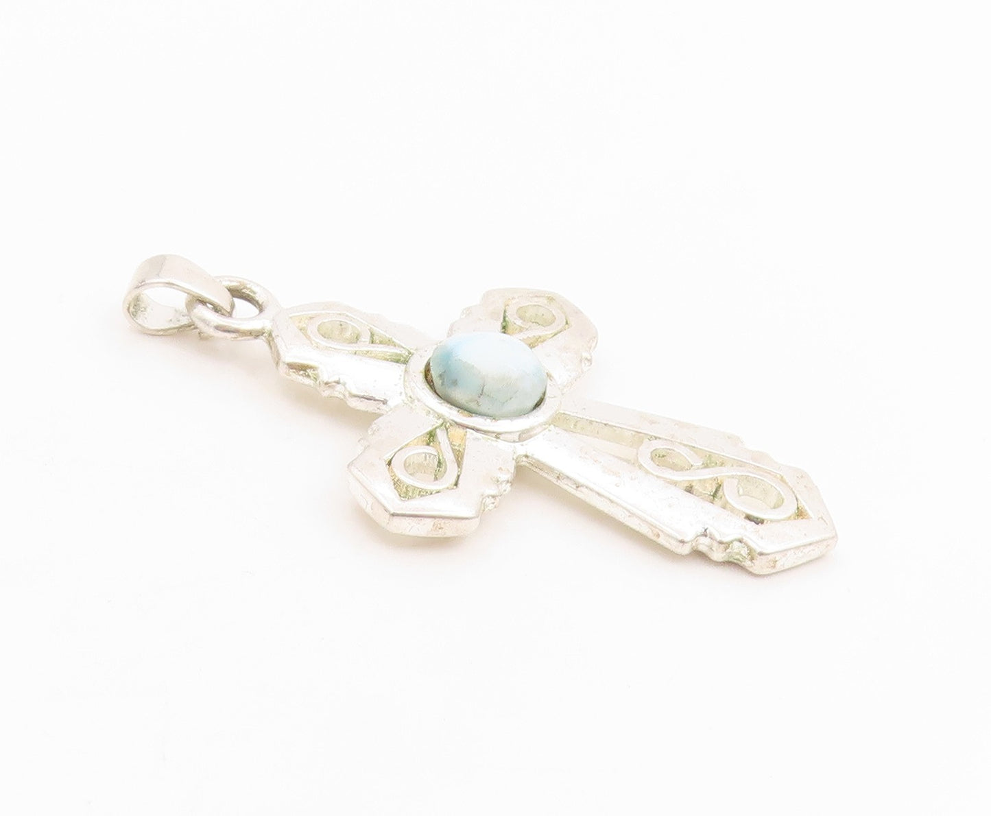 925 Sterling Silver Vintage Pendant Cabochon Larimar Religious Cross  PT26113