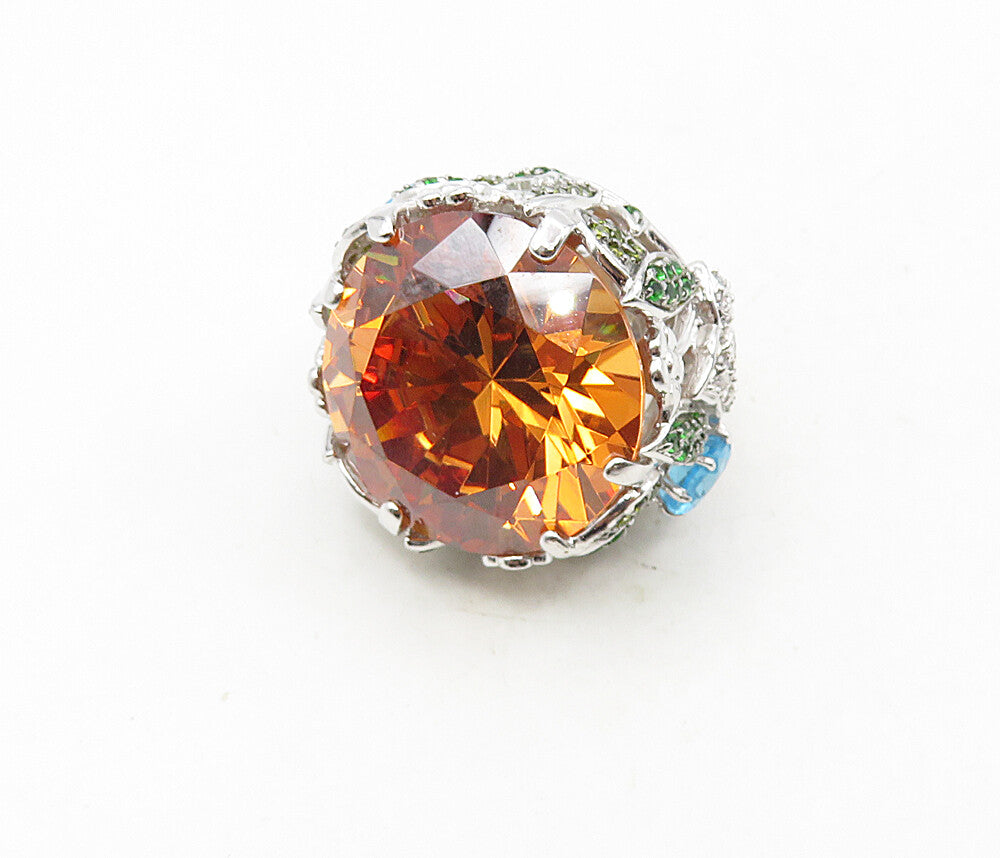 925 Sterling Silver   Citrine Cubic Zirconia & Topaz Cocktail Ring Sz 7 RG9180