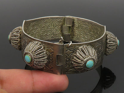 MIDDLE EAST 925 Silver  Vintage Floral Turquoise Etched Bangle Bracelet BT9366