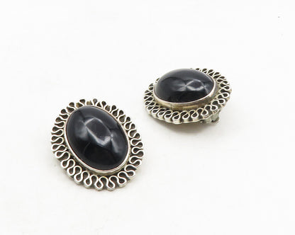 MEXICO 925 Silver  Vintage Cabochon Cut Black Onyx Non Pierce Earrings  EG5272