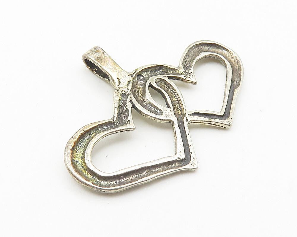 925 Sterling Silver  Vintage Double Open Love Hearts Etched Pendant  PT8260