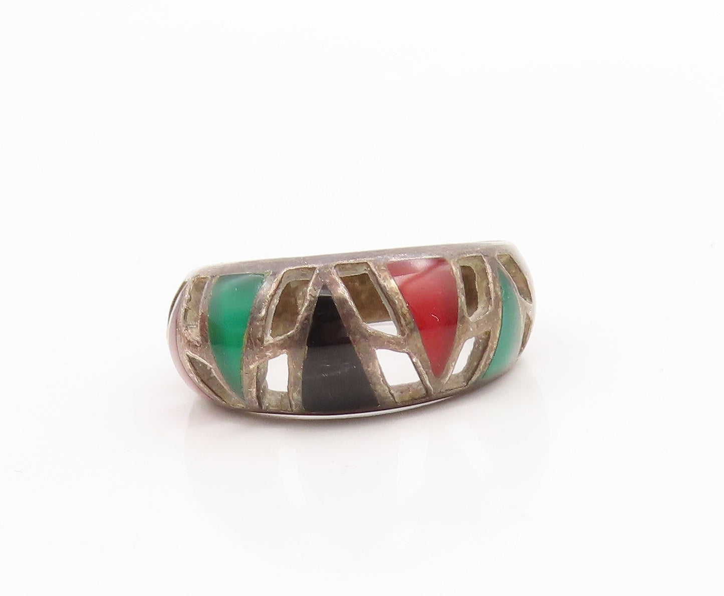 925 Sterling Silver Vintage Ring Multi Gemstone Geometric Cutout  Sz 10  RG35852