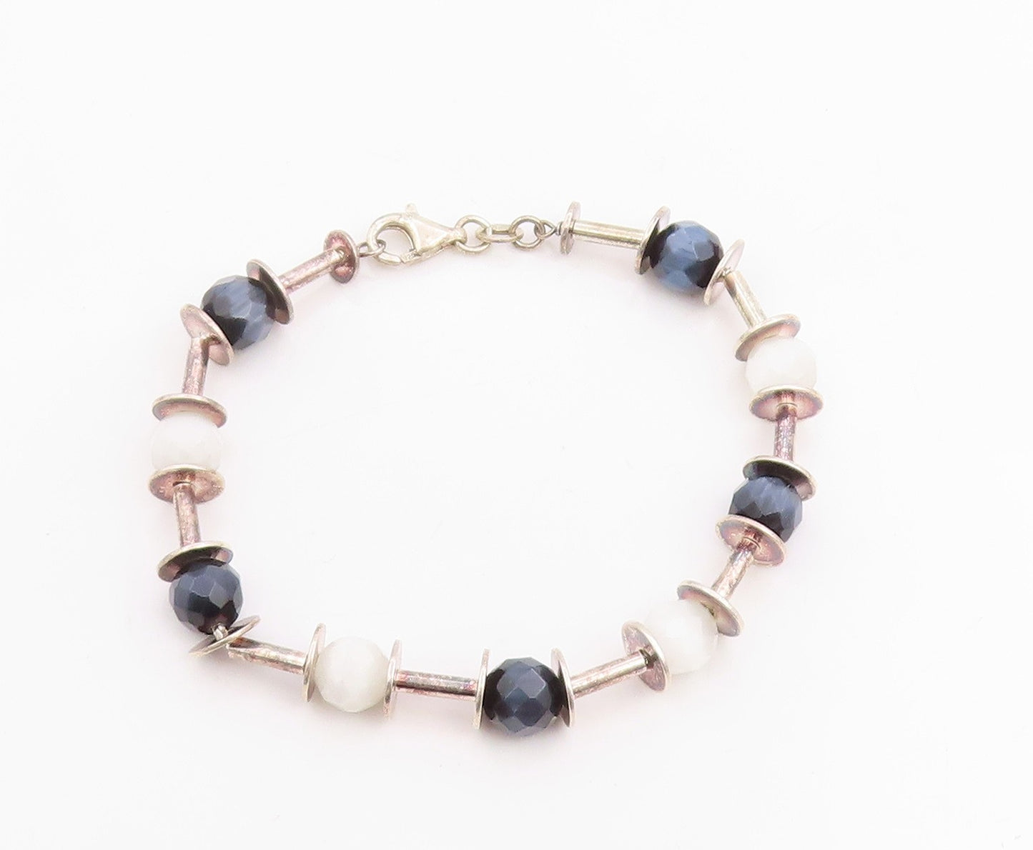 925 Sterling Silver Vintage Bracelet Faceted Quartz Elegant Bead Chain  BT11855