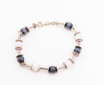 925 Sterling Silver Vintage Bracelet Faceted Quartz Elegant Bead Chain  BT11855