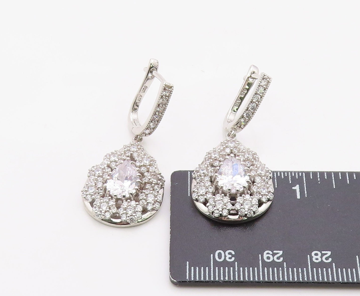 925 Sterling Silver Vintage Earrings Dazzling CZ Halo Teardrop Cluster  EG14376