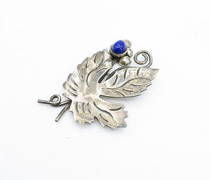 MEXICO 925 Sterling Silver  Vintage Lapis Lazuli Floral Leaf Brooch Pin BP1405