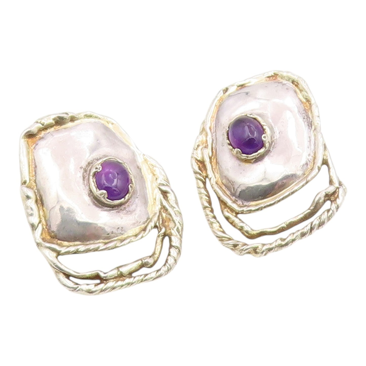 925 Sterling Silver Vintage Earrings Modernist Amethyst Twisted Cable  EG14437