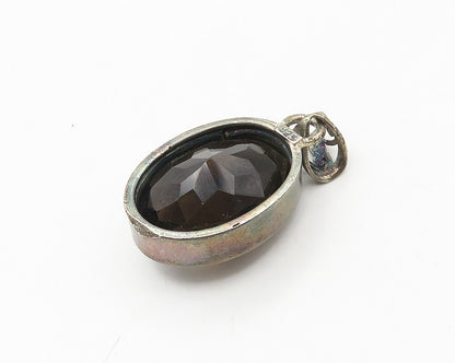 925 Sterling Silver  Vintage Large Real Faceted Smoky Topaz Pendant  PT14557