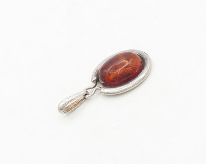 925 Sterling Silver  Vintage Cabochon Cut Amber Smooth Oval Pendant  PT15268