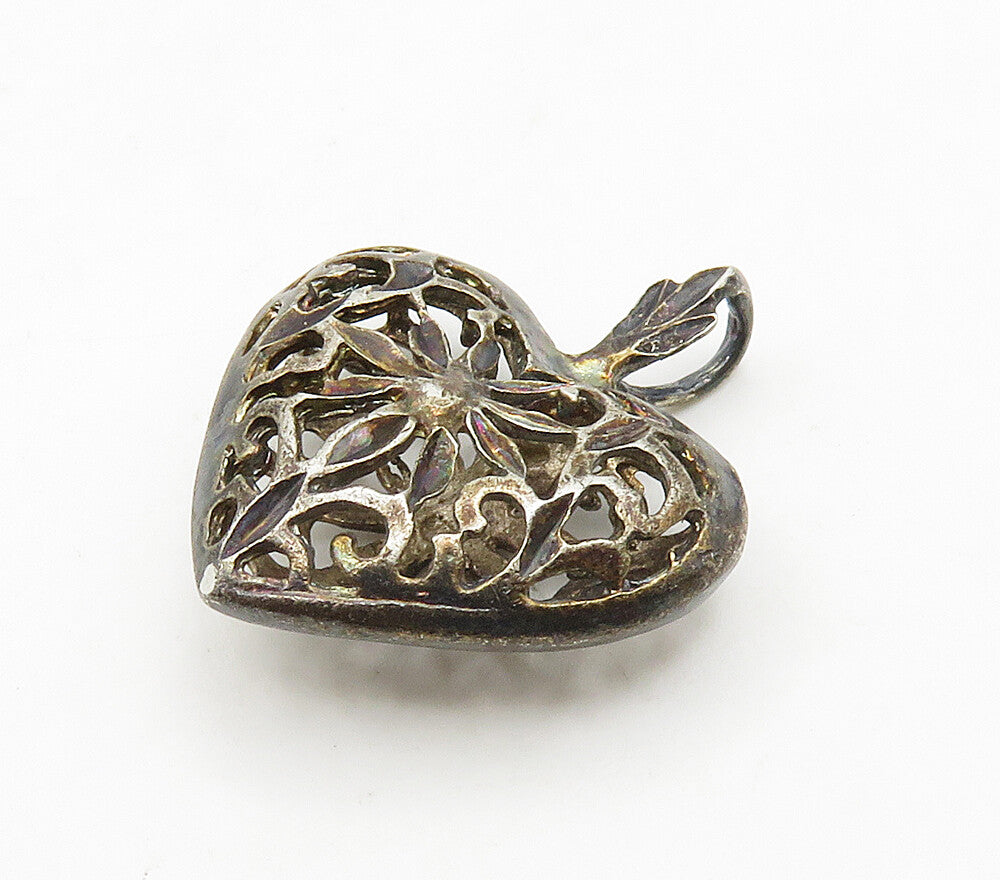 925 Sterling Silver  Vintage Dark Tone Floral Love Heart Pendant  PT12264