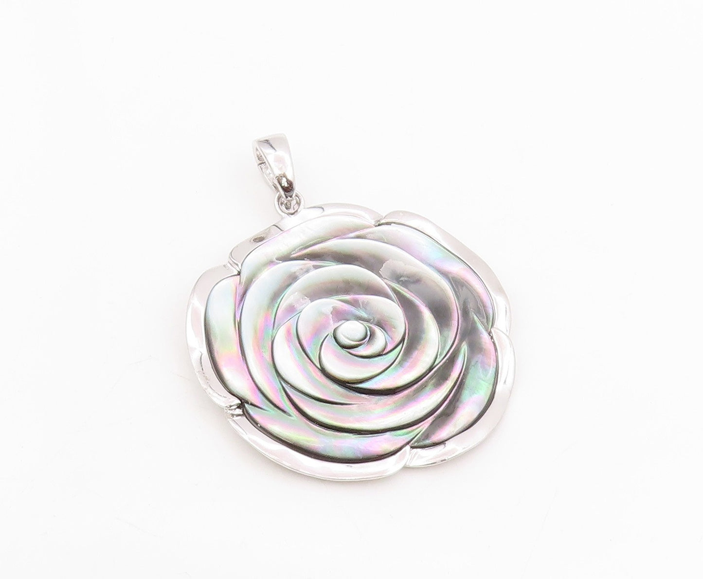 925 Sterling Silver Vintage Pendant Abalone Inlay Modernist Rose Flower  PT25797