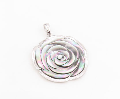 925 Sterling Silver Vintage Pendant Abalone Inlay Modernist Rose Flower  PT25797
