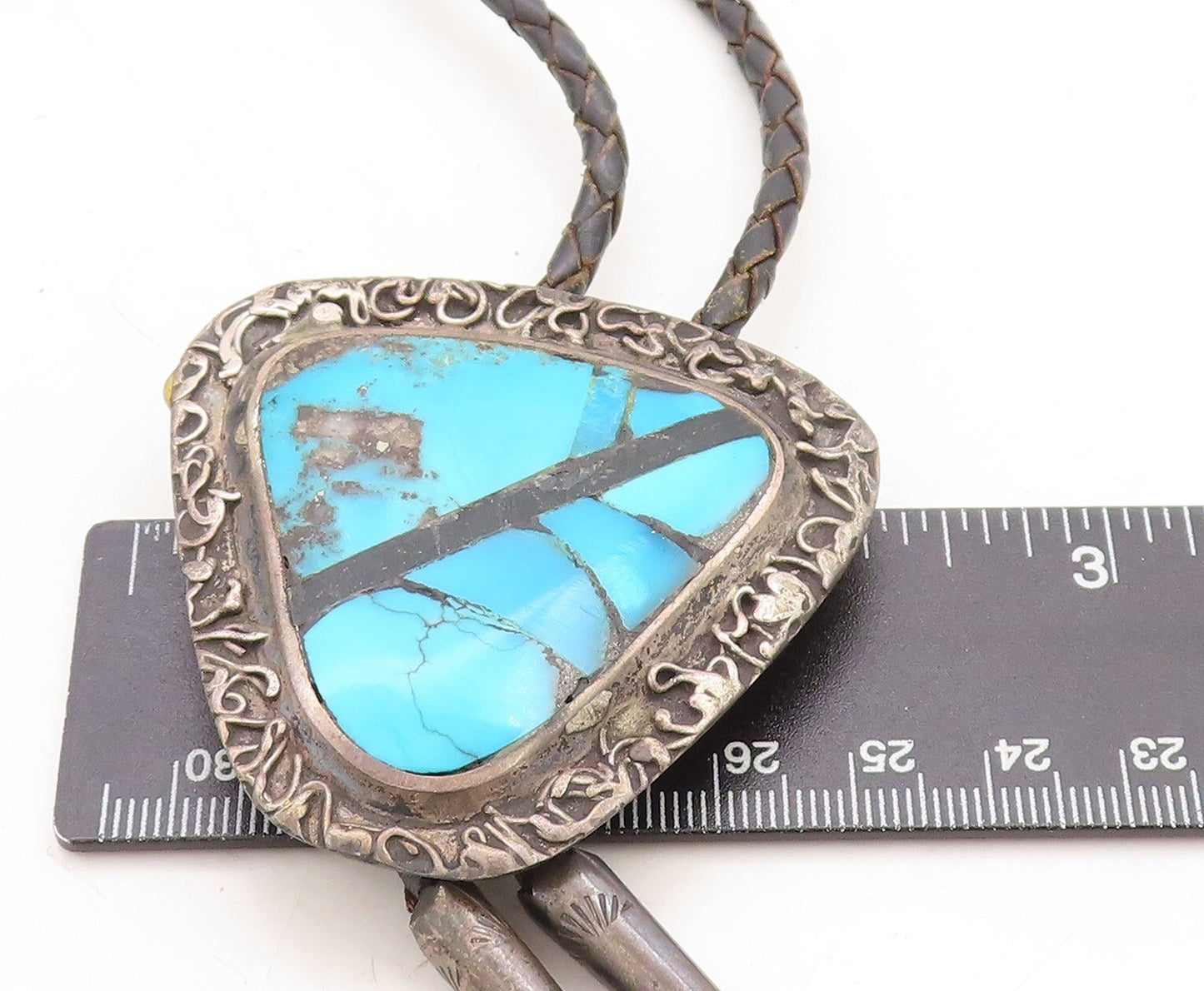 L. BURNSIDE NAVAJO 925 Silver  Vintage Turquoise Leather Rope Necklace  NE2243