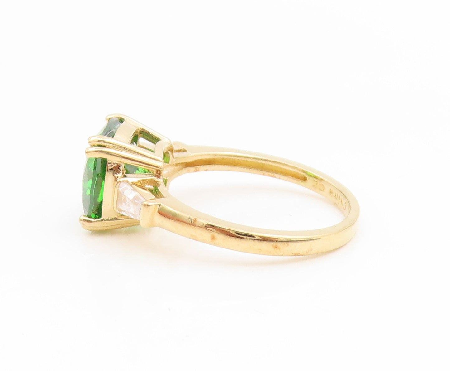 925 Sterling Silver Vintage Ring Gold Plated Green & White CZ Band Sz 8 RG35288