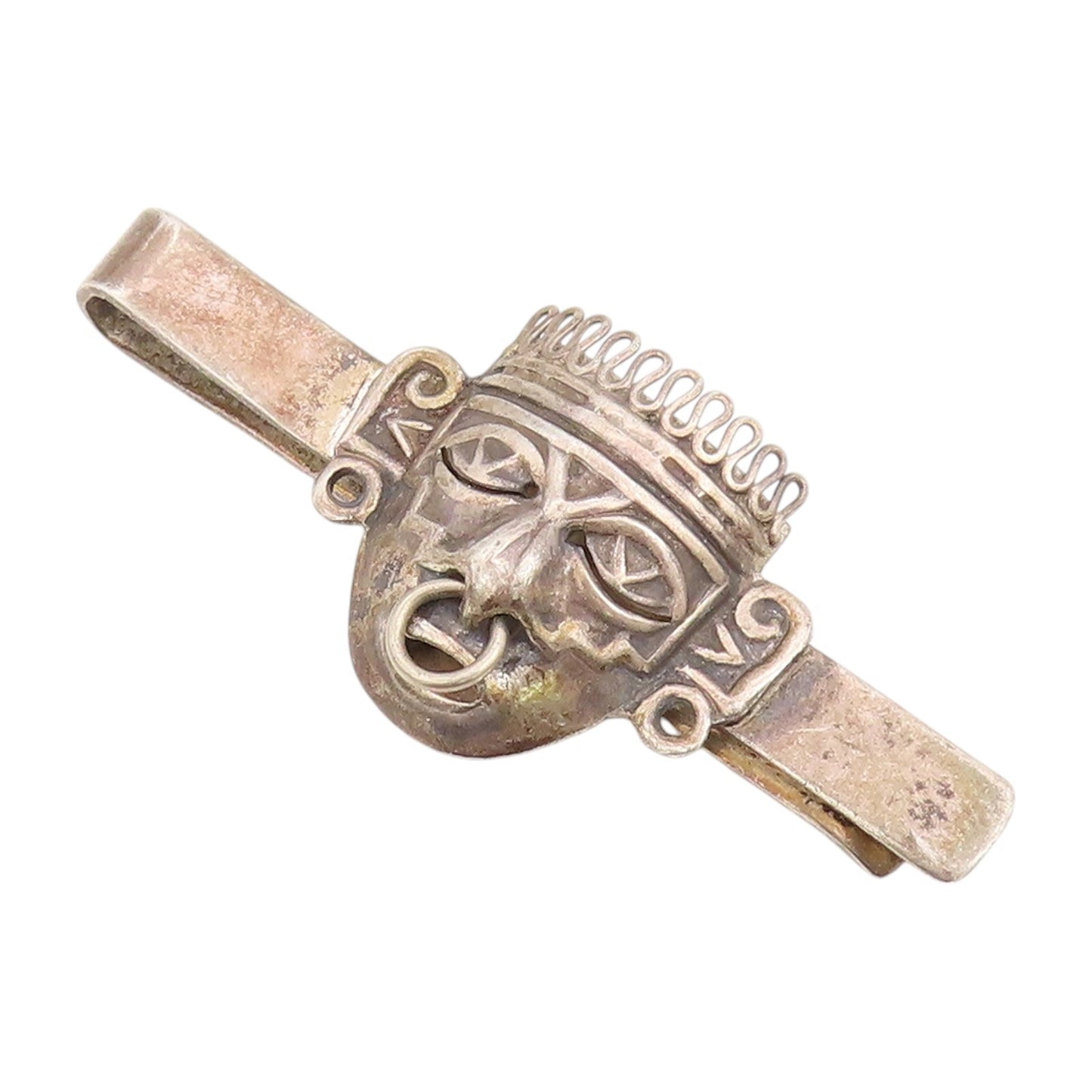 925 Sterling Silver Vintage Tie Clip Dark Tone Trible Man Face Carved  TR3871