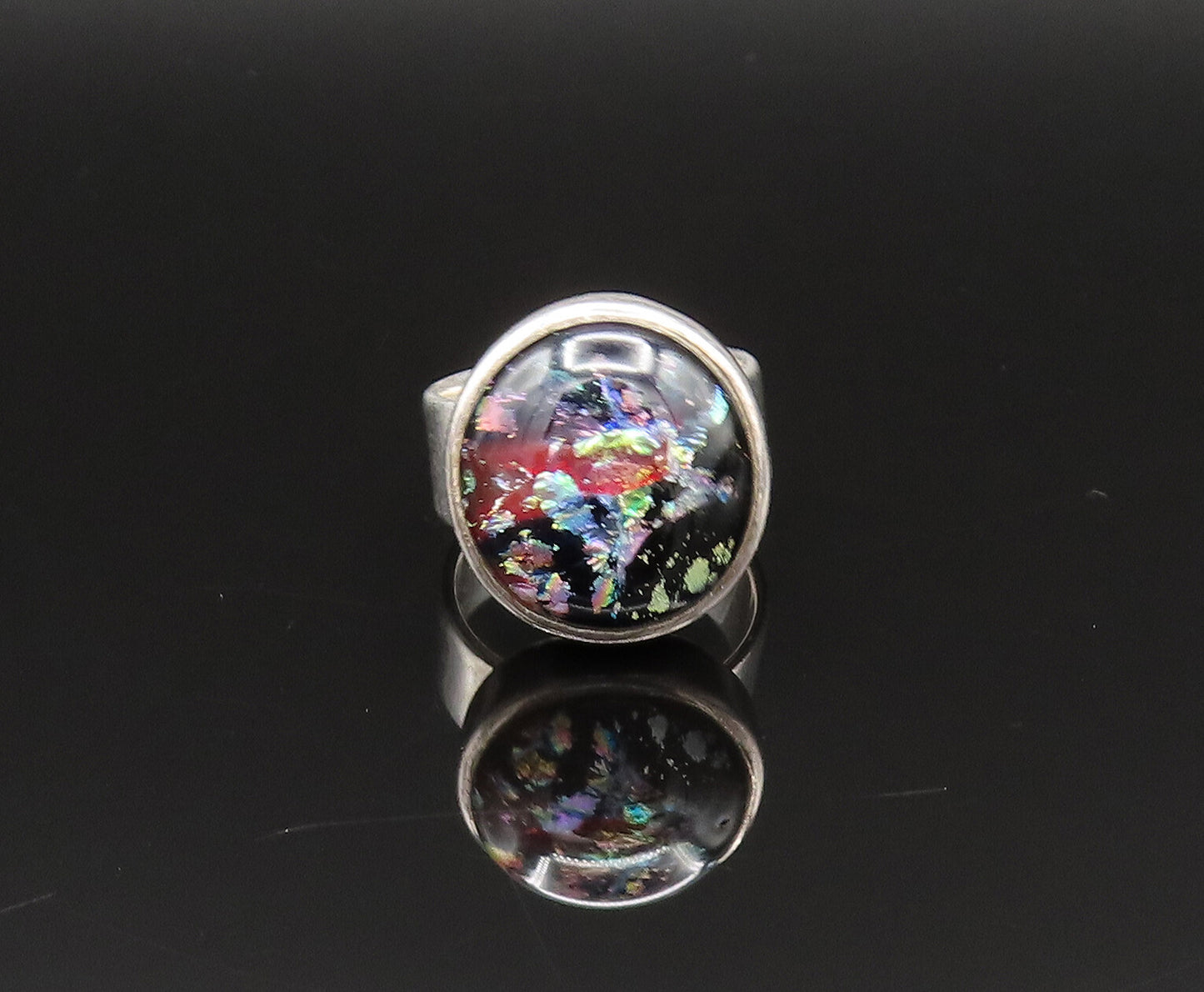 925 Sterling Silver  Vintage Unique Splash Art Glass Ring Sz 6.5  RG25554