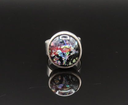 925 Sterling Silver  Vintage Unique Splash Art Glass Ring Sz 6.5  RG25554