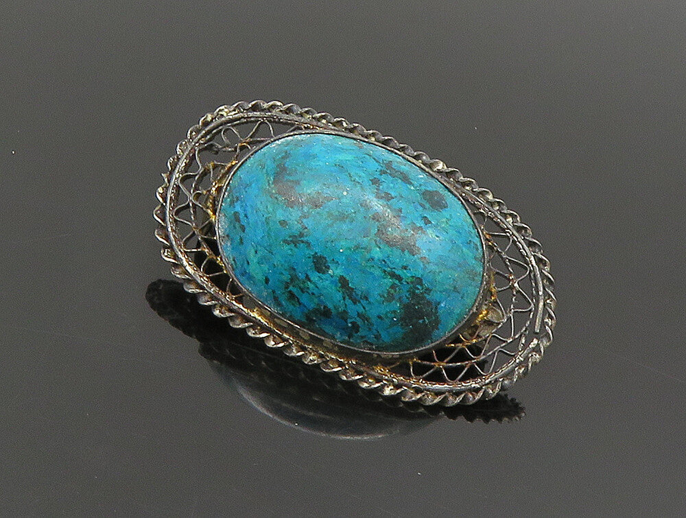 ISRAEL 925 Silver  Vintage Antique Turquoise Wire Web Brooch Pin  BP9523