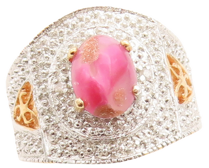 925 Sterling Silver Vintage Ring Gold Plated Pink Gemstone & CZ  Sz 5  RG31457