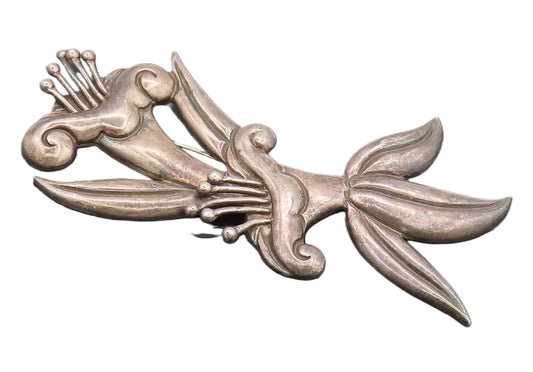 LOS CASTILLO TAXCO 925 Silver  Vintage Antique Large Floral Brooch Pin BP10317