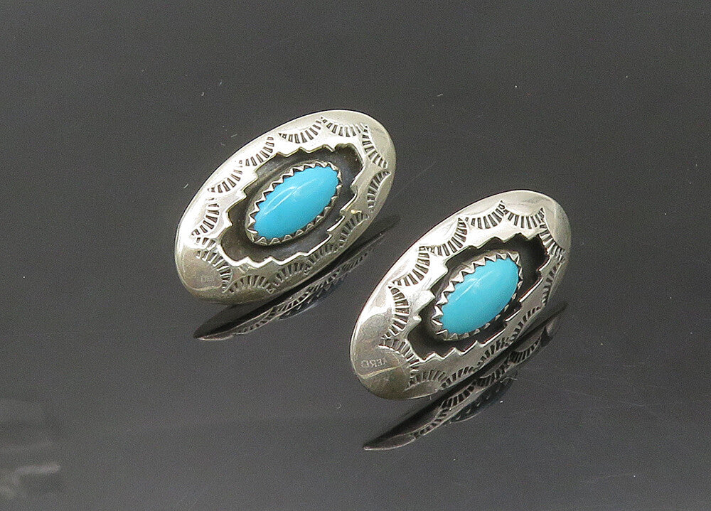NAVAJO 925 Silver  Vintage Turquoise Etched Pattern Drop Earrings  EG10451