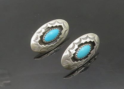 NAVAJO 925 Silver  Vintage Turquoise Etched Pattern Drop Earrings  EG10451